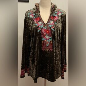 Impressions Velvet Tunic with Floral Embroidery - Black and Pink